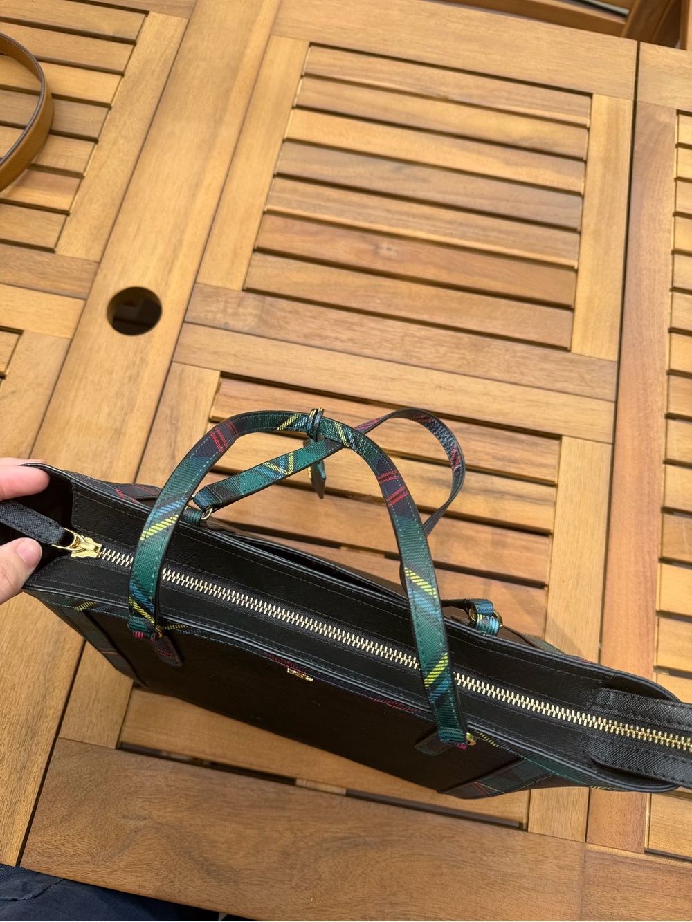 Ralph Lauren Black Tote with Multicolor Plaid Trim and Straps - Picture 3 of 4